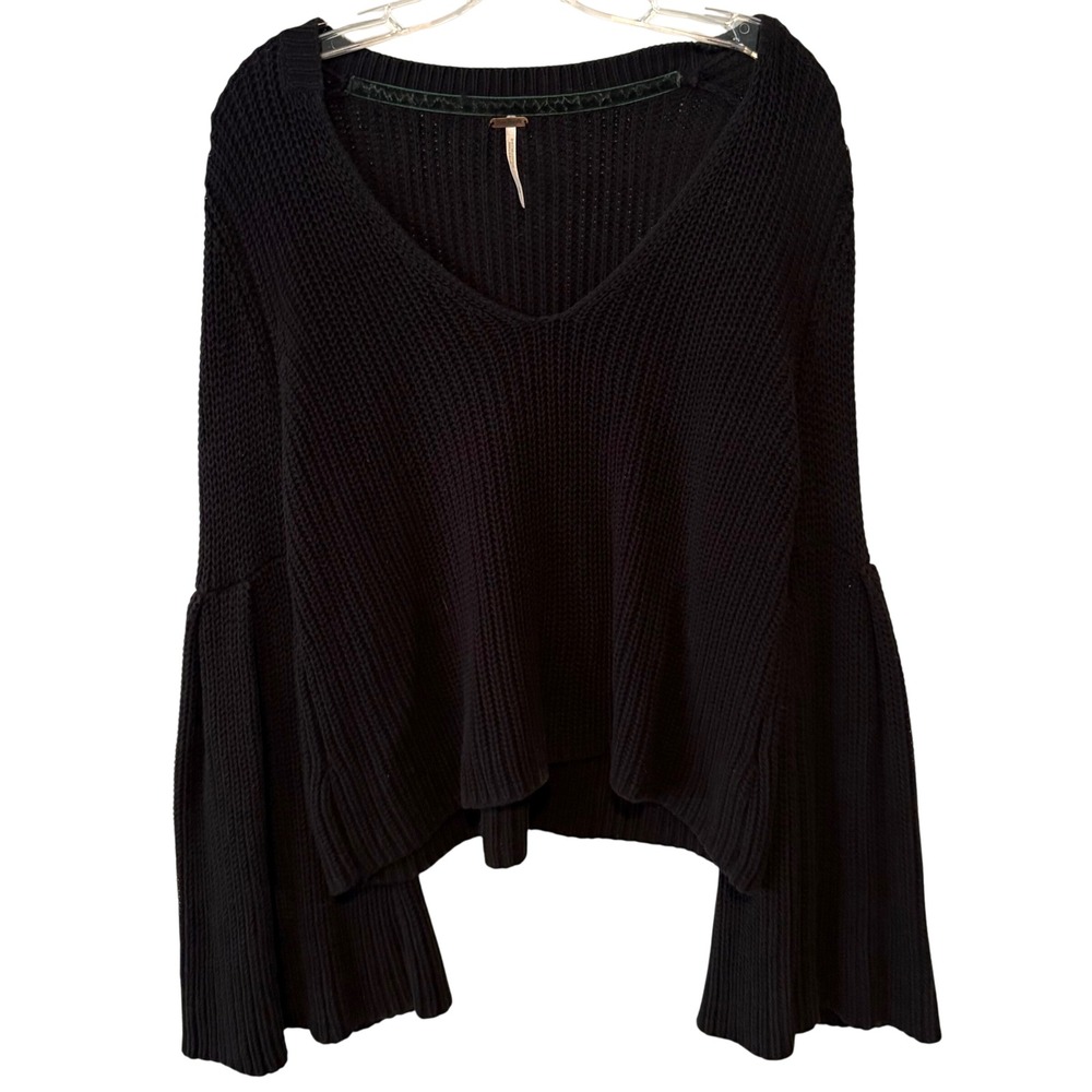Free People Women's Black Cotton V Neck Sweater with Bell Sleeves in Size S